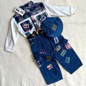 Vintage 90s MGM Kid's Fashion 3-Piece Pants Set Boys 12M Plaid Denim Patchwork